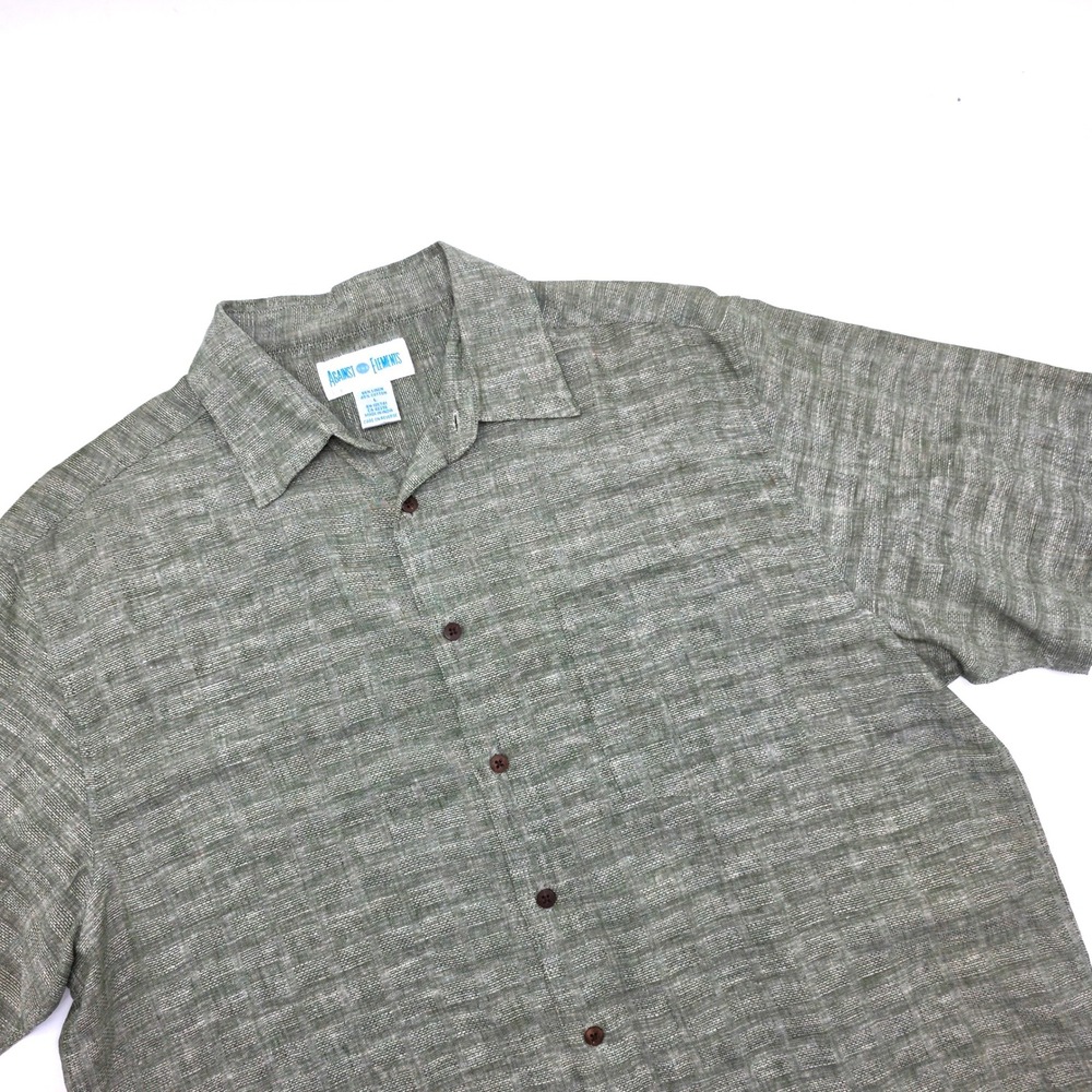 Against The Elements Mens Linen Cotton Short Sleeve Button Up Shirt Green Large‎